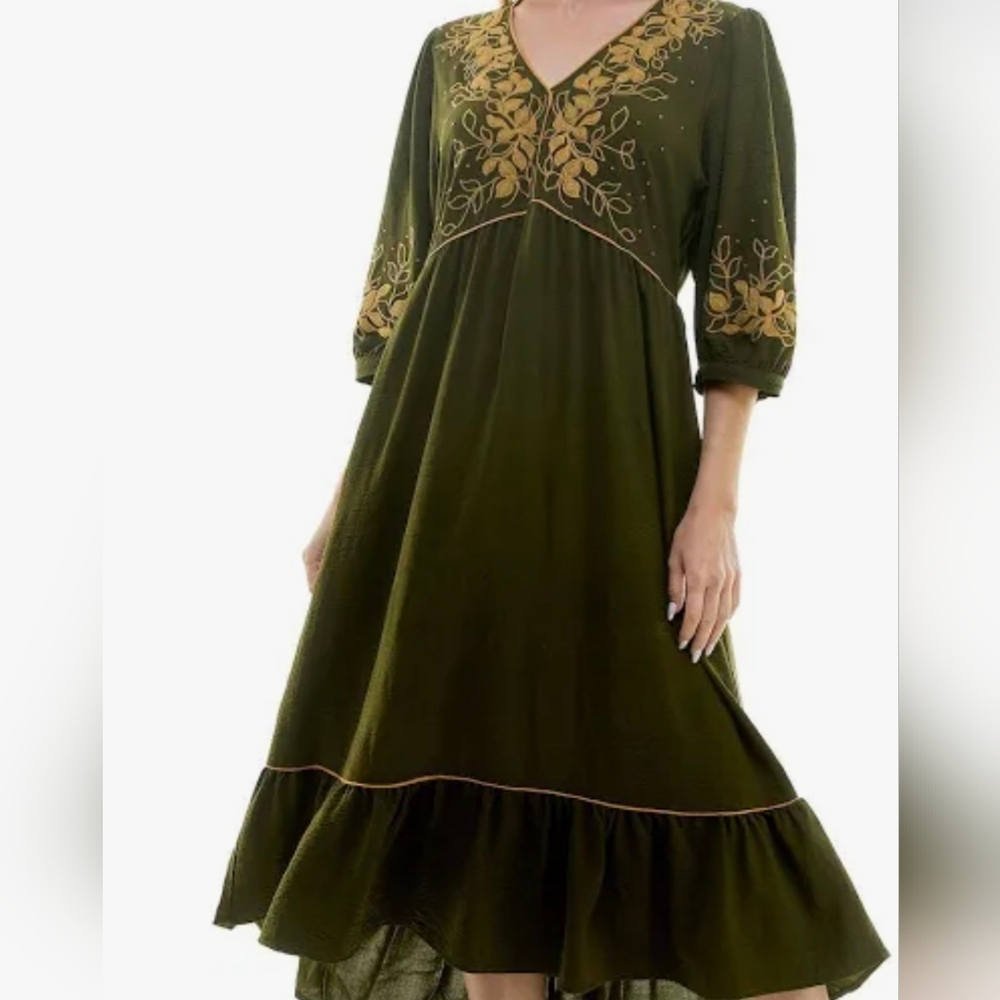 Olive Dress with Gold Embroidery